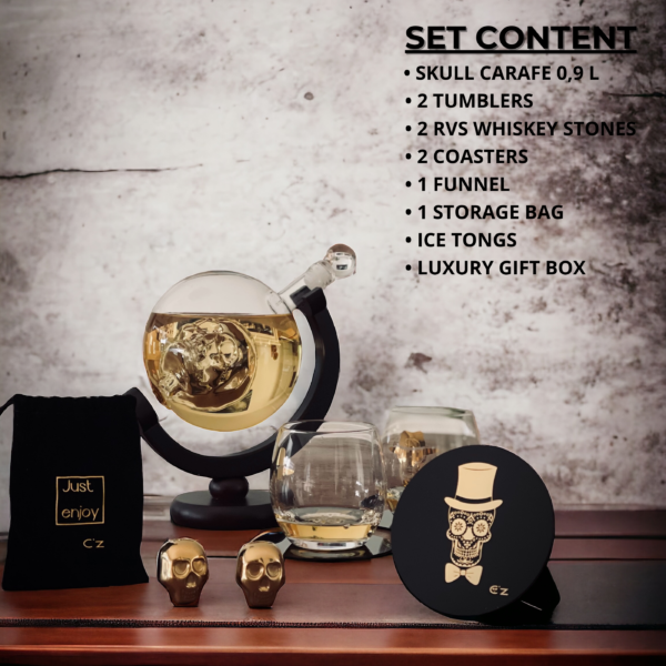 Catrinaz®  Luxury Decanter Set - Skull design - 0.9 L - Incl. 2 Golden Whiskey Stones - 2 Unique tumblers  - 2 Black Coasters - Image 3