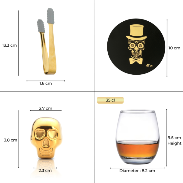 Catrinaz® Premium Whiskey Set - Incl. 2 Tumblers (350ml) - 4 Golden Whiskey Stones - 2 Metal Coasters - Storage Bag - Ice Tongs - Luxury Gift Box - Image 4