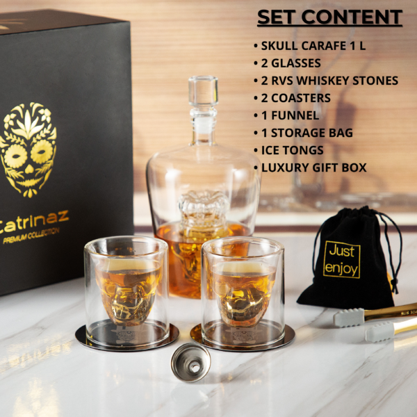 Catrinaz®  Luxury Decanter Set - Skull with Crown Design - 1L - 2  Whiskey Stones - 2  Tumblers - 2 Metal Coasters - Gift Box - Image 3