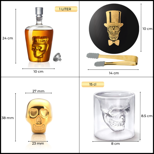 Catrinaz®  Luxury Decanter Set - Skull with Crown Design - 1L - 2  Whiskey Stones - 2  Tumblers - 2 Metal Coasters - Gift Box - Image 4