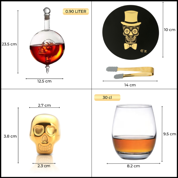 Catrinaz® Luxury Decanter Set - Skull Design - 0.9 L - Incl. 4 golden Whiskey Stones - 4 Unique Tumbler Glasses - 4 Coasters - Unique Gift - Image 8